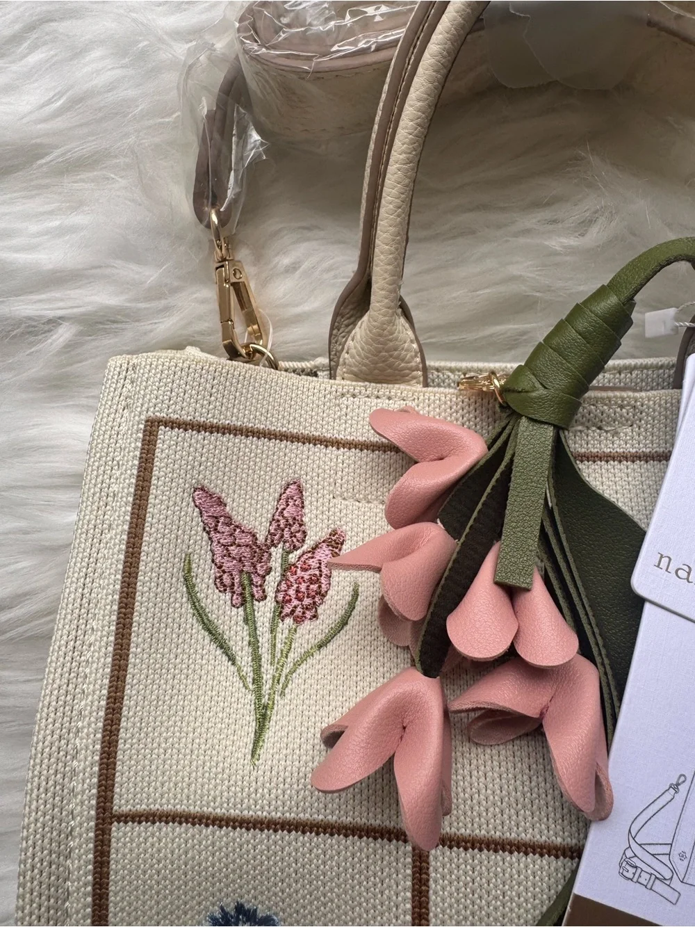 Nanette Lepore Cream Floral Embroidered Satchel with Pink Charm